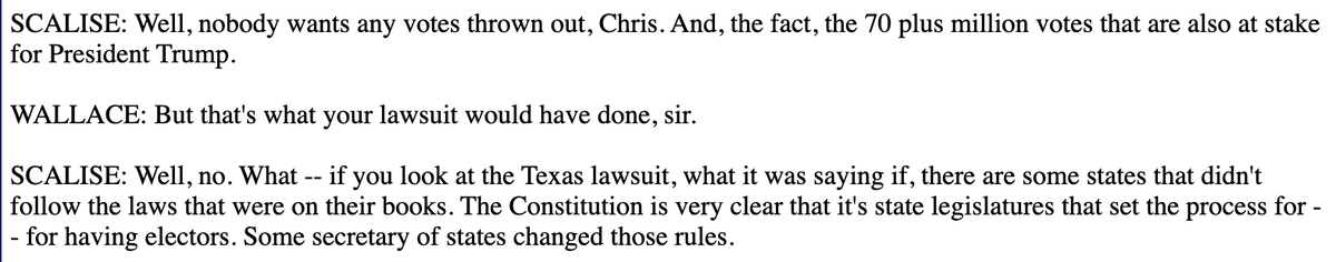 Rs defending the lawsuits to overturn the election aren't being honest about them. On Fox, Scalise insisted that "nobody wants any votes thrown out." But that's what these lawsuits would do. Trump's attorney in WI argued that his vote should be thrown out along with 200k others.