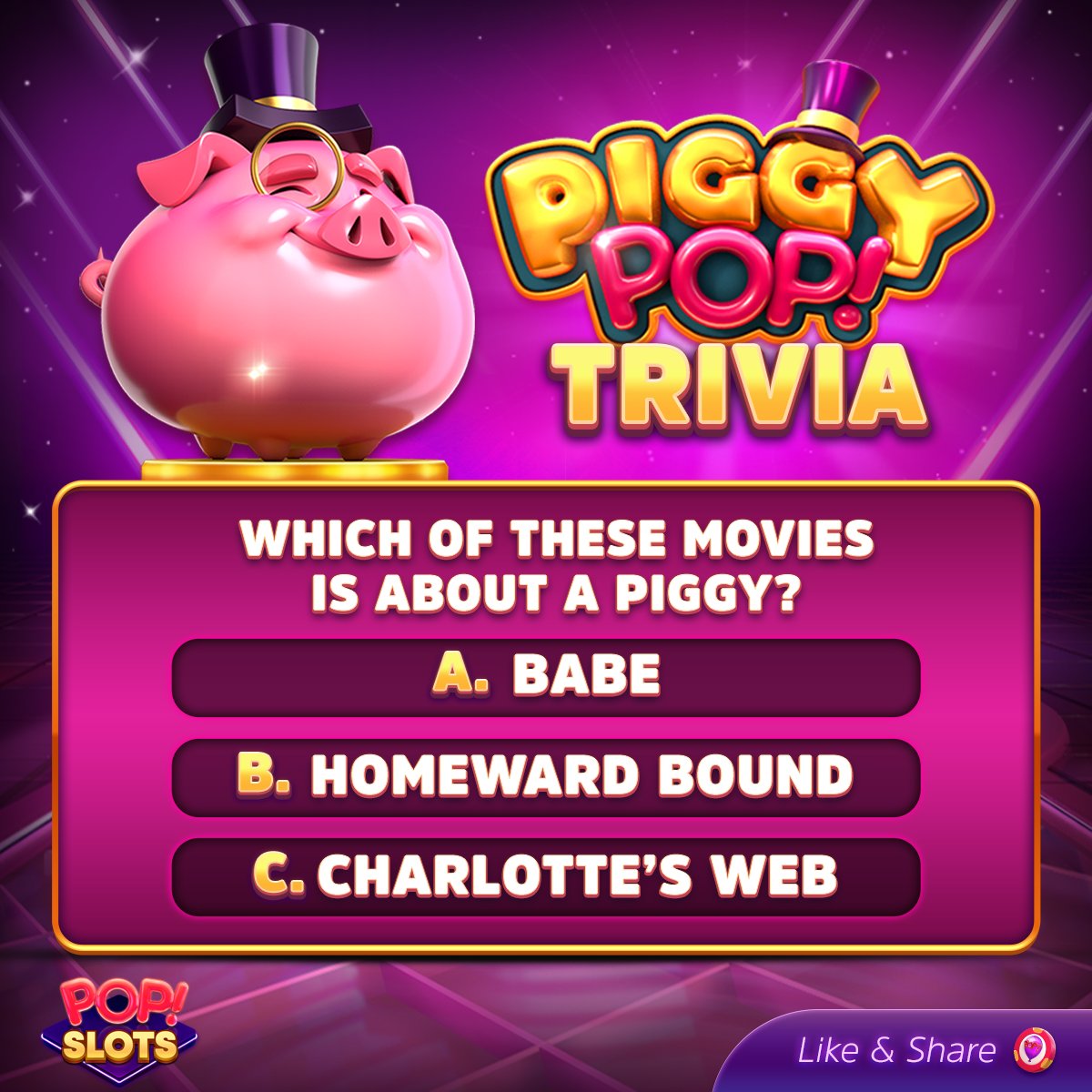 PopSlotsCasino's tweet photo. 🐷 Can you tell us which of these movies is about a piggy?
🎈 Tell us in the comments for a chance to win 
🥓 the Piggy POP! Trivia 'ham-azing' prize
🐽 There's a Glorious Challenge today! 
👉 Get to the piggy-licious wins with EXTRA FREE CHIPS
💰 https://t.co/16mdHNs6D4 https://t.co/LqW409f95X