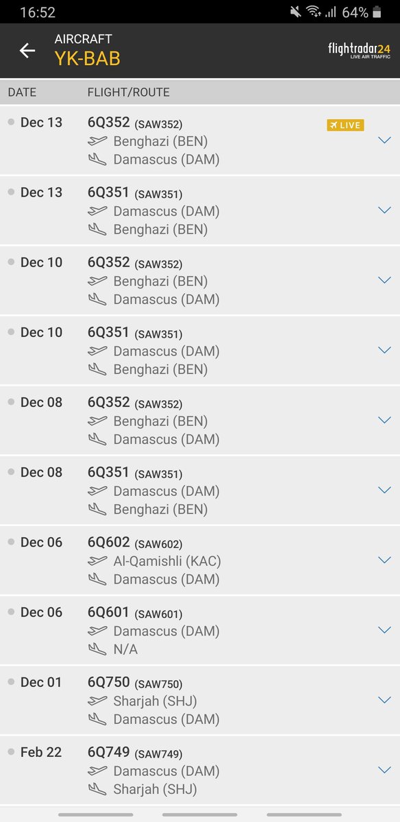 Gerjon_'s tweet photo. Since Cham Wings' 🇸🇾YK-BAB re-entered service on 01 Dec, after a 9+-month break, she flew from 🇸🇾#Damascus, #Syria to 🇱🇾#Benghazi, #Libya 3 times in less than a week. She is currently returning from 🇱🇾#Libya. https://t.co/kT9EjgnyeC