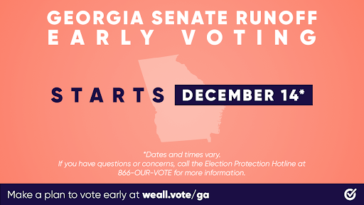 WhenWeAllVote's tweet image. Early in-person voting in the Georgia runoff elections begins on Monday, December 14th. 

Georgia, find your polling place and get ready to make your voice heard at the polls: weall.vote/ga