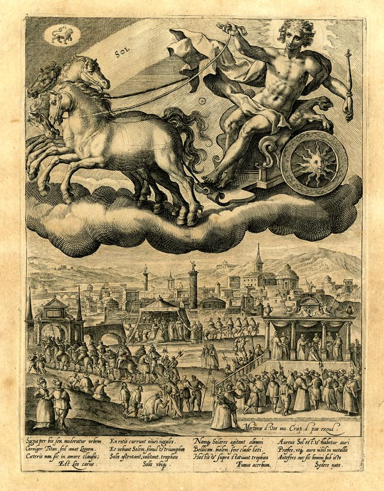 Sun & Moon. Above the Sun's chariot is the symbol for the sign of Leo. Under him, we see aristocracy & regality. In the second picture, the goddess Selene is is riding her chariot. Moon is considered ruler of the sign of Cancer. Under her, we see water commerce & fishing.