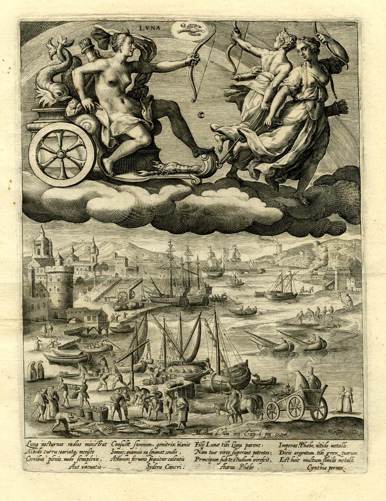 Sun & Moon. Above the Sun's chariot is the symbol for the sign of Leo. Under him, we see aristocracy & regality. In the second picture, the goddess Selene is is riding her chariot. Moon is considered ruler of the sign of Cancer. Under her, we see water commerce & fishing.