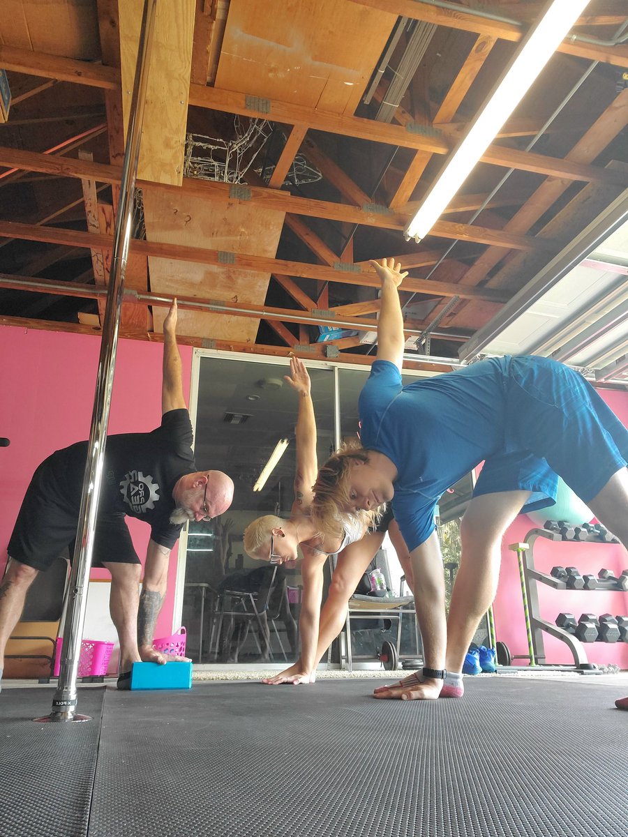 Mileswildmore's tweet photo. Yoga time at #tattooedmuffinfitness with Allison Mercer Derrick Durnan and myself. Taking a breather from working out to help with stretches. We are welcoming anyone to stay healthy and be 100 % better!!! Come and join us Sundays! #BEWILD #wildcrew https://t.co/5gV29s8P3F