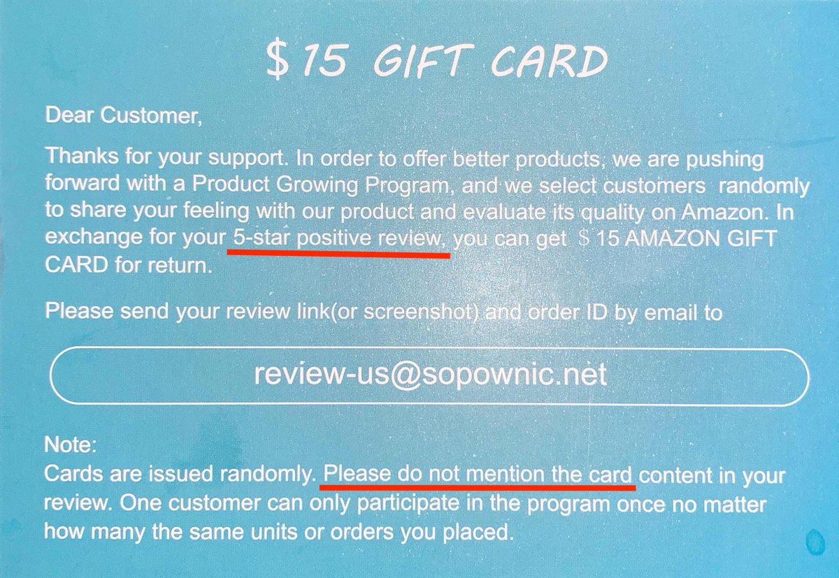 A ReviewMeta visitor just sent this image to me.  A note included in her purchase, offering $15 for a 5-star review and instructing you NOT to tell anyone about it.  Just wow.