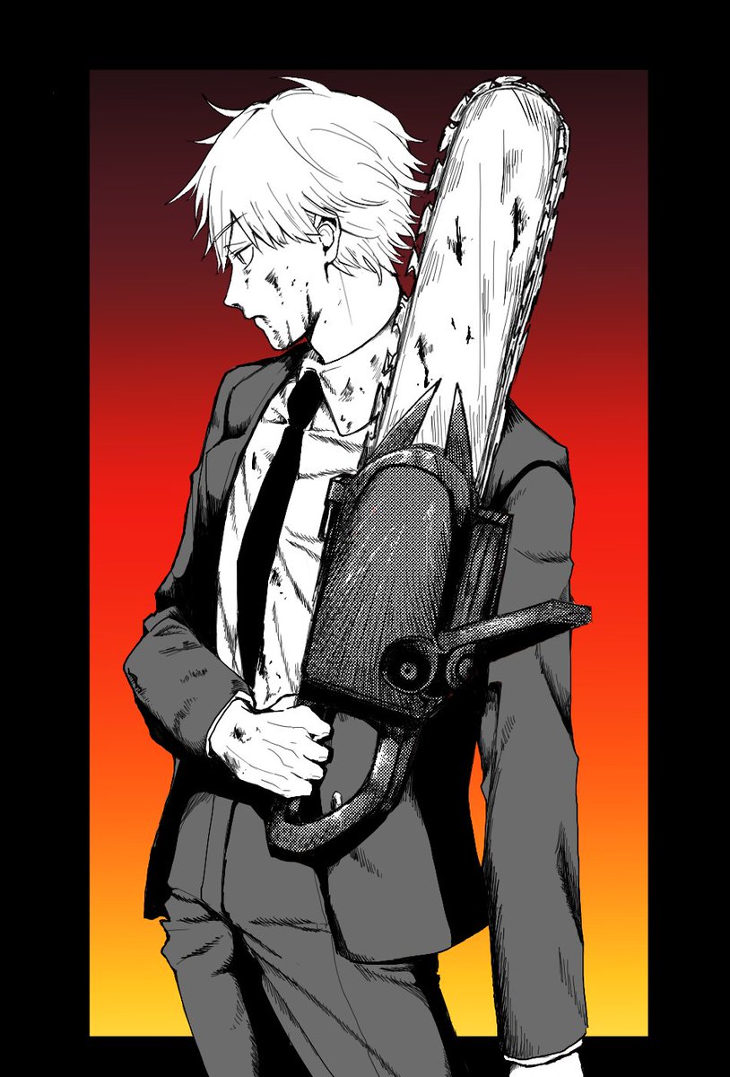 denji (chainsaw man) 1boy chainsaw necktie blood male focus solo shirt  illustration images