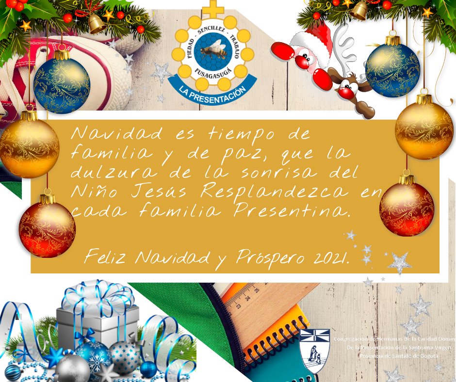 colprefusa's tweet photo. Navidad es tiempo de familia y de paz, que la dulzura de la sonrisa del Niño Jesús resplandezca en cada Familia Presentina.
El Colegio la Presentación les desea Feliz Navidad y Prospero 2021. https://t.co/YrGtUhKd52