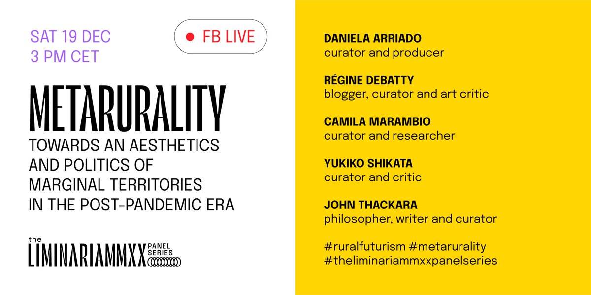 liminaria's tweet photo. Happy to announce the 1st panel of the #LiminariaMMXXpanelseries taking place Sat 19th Dec. Streaming from 3pm CET on our FB page an engrossing discussion on #rurality #art #technoculture w/ Daniela Arriado @wmmna Camila Marambio @shikatouch @johnthackara https://t.co/Ek7tjCWEUn https://t.co/3LIXlfvZCo