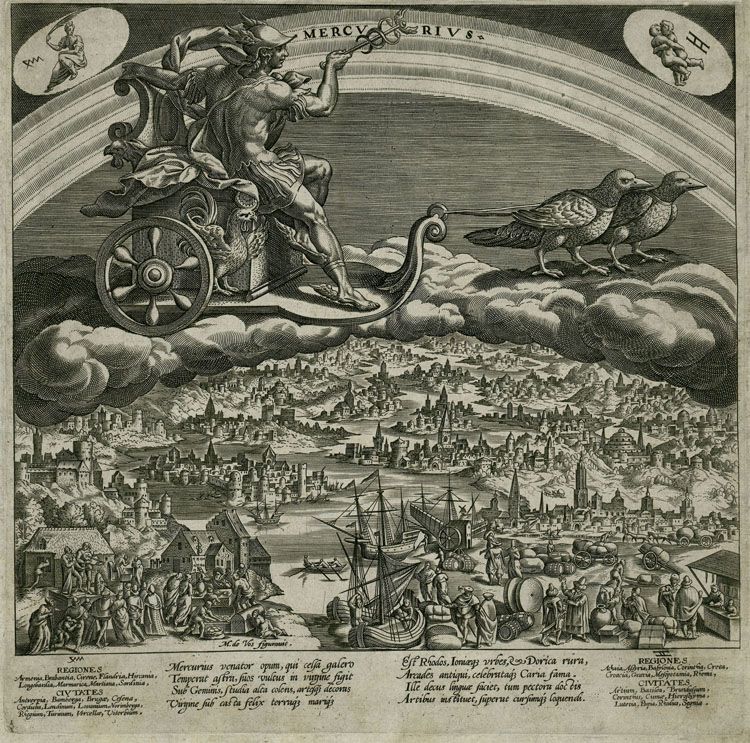 Mercury. Above him we can see the symbols of zodiac signs of Virgo & Gemini, both ruled by the planed Mercury. Under him, we see depictions of trade, communication, as well as learning, science & formal education.