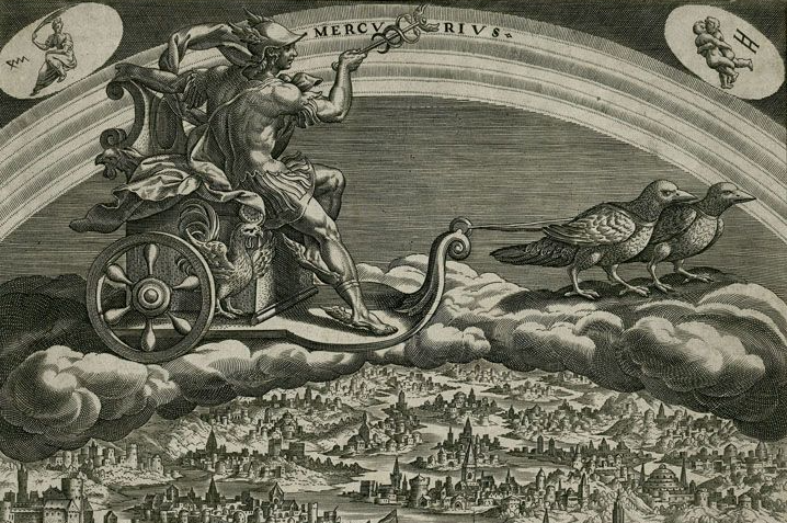 Mercury. Above him we can see the symbols of zodiac signs of Virgo & Gemini, both ruled by the planed Mercury. Under him, we see depictions of trade, communication, as well as learning, science & formal education.
