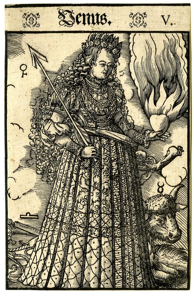 Similar planetary symbolism by the School of/style of Lucas Cranach the Younger. Moon, with a crab/lobster under her feet, Sun with regal symbolism and a lion, Mercury with symbols of science & trade, Venus with ornate dress, holding a heart, with bull/Taurus & Libra near her.