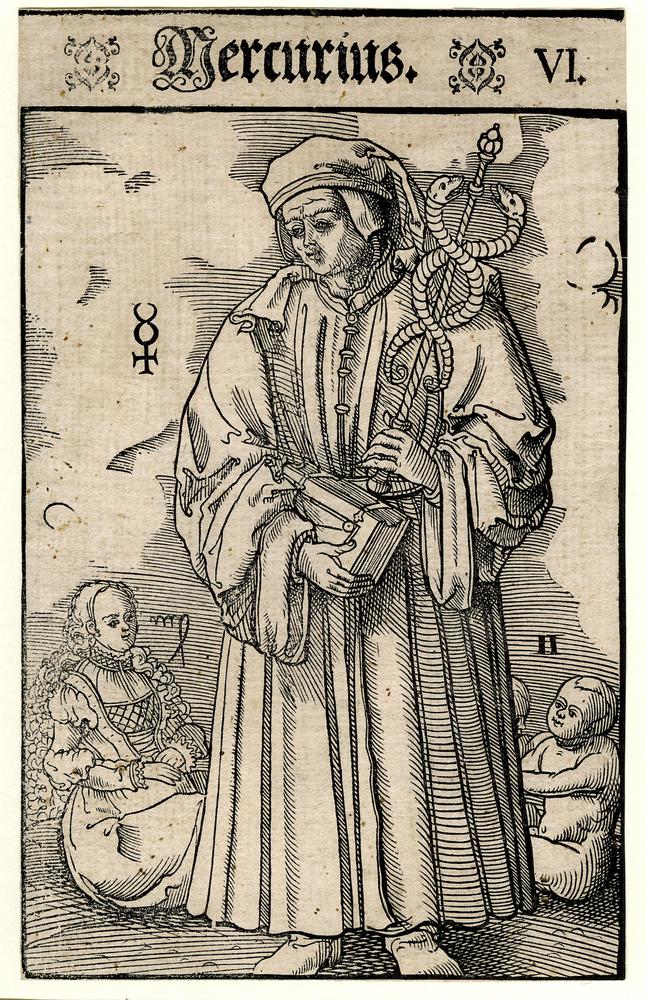 Similar planetary symbolism by the School of/style of Lucas Cranach the Younger. Moon, with a crab/lobster under her feet, Sun with regal symbolism and a lion, Mercury with symbols of science & trade, Venus with ornate dress, holding a heart, with bull/Taurus & Libra near her.