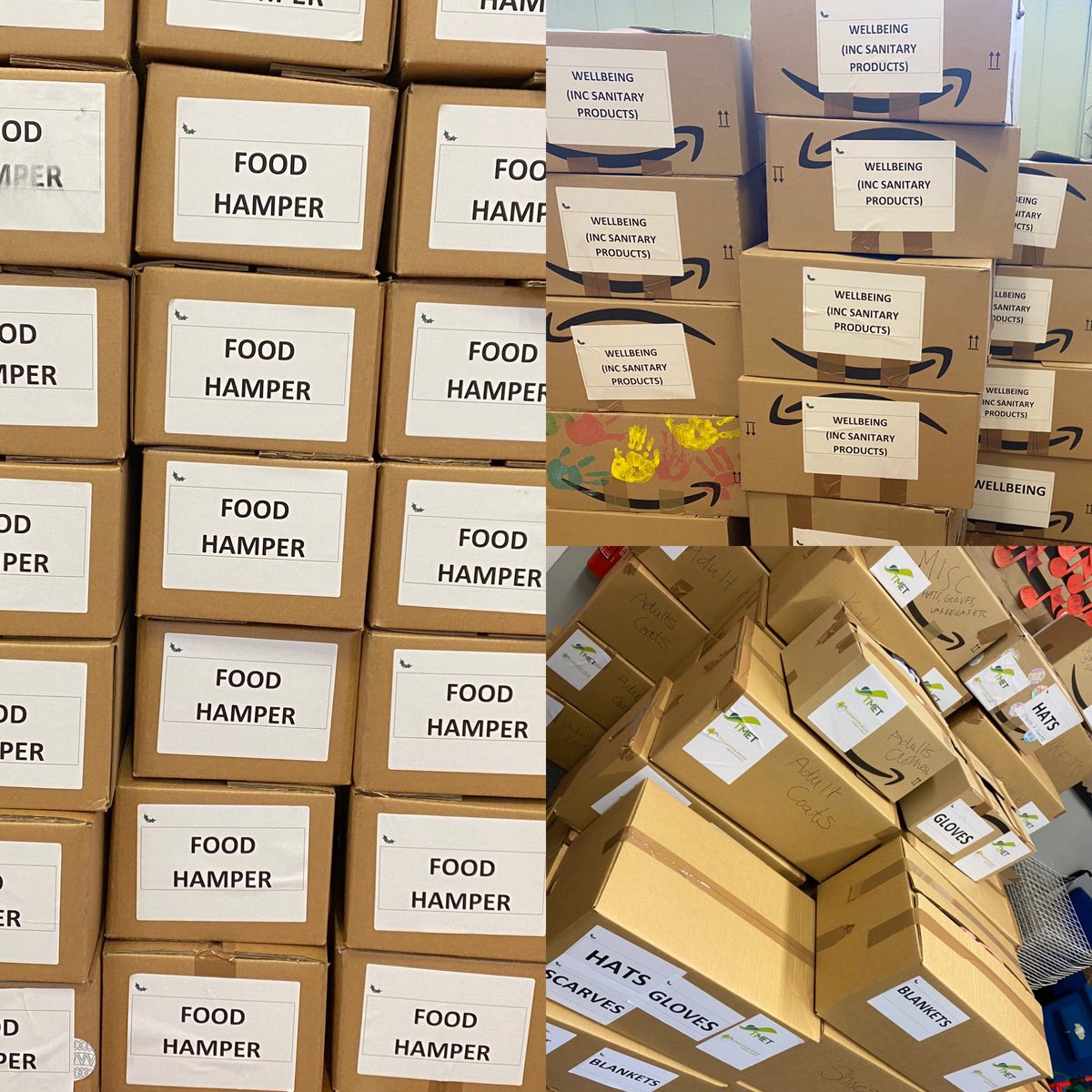 knightontmet's tweet photo. 100 boxes of food, toiletries, blankets and clothing packed and ready to deliver on Tuesday! A huge,huge thank you to everyone whoโs supported getting the donations organised and again to the Knighton community for their generosity๐ฆ๐ #TMETBigChristmasCommunityHug #TMETCharacter https://t.co/cI645PIfHz