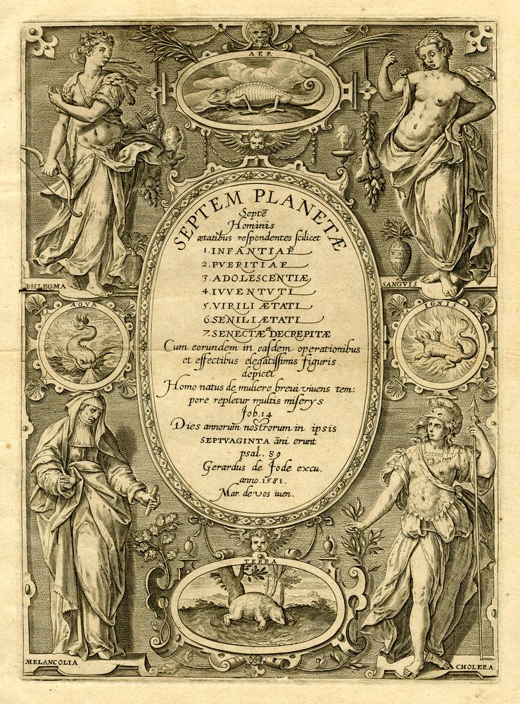 The Seven Planets by Adriaen Collaert After Marten de Vos. Title page shows stages of human life, four tempers and four elements. Venus is with arts, Mercury with science & education, Mars with war.