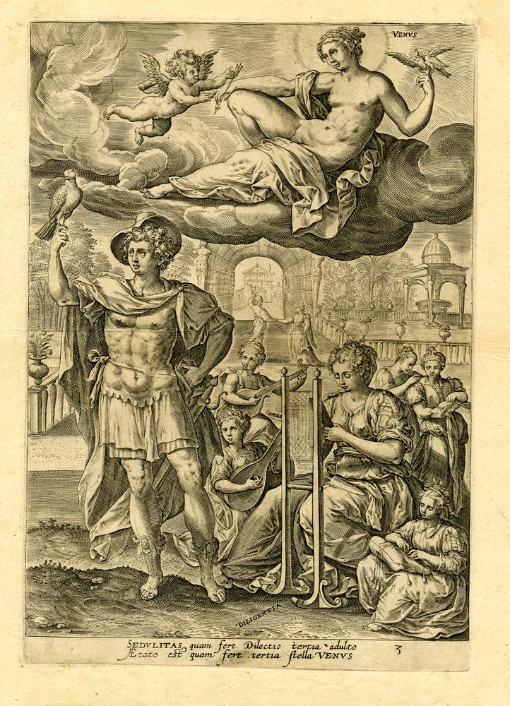 The Seven Planets by Adriaen Collaert After Marten de Vos. Title page shows stages of human life, four tempers and four elements. Venus is with arts, Mercury with science & education, Mars with war.