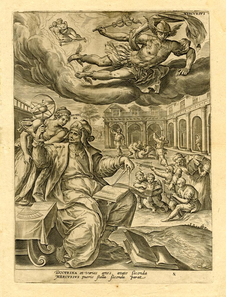 The Seven Planets by Adriaen Collaert After Marten de Vos. Title page shows stages of human life, four tempers and four elements. Venus is with arts, Mercury with science & education, Mars with war.