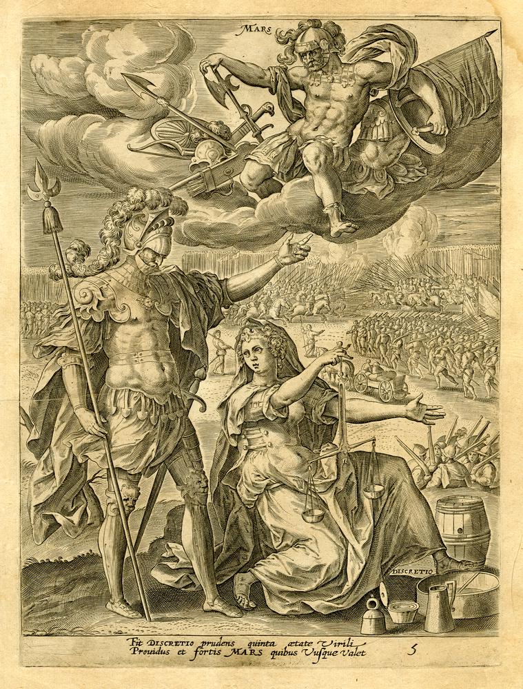 The Seven Planets by Adriaen Collaert After Marten de Vos. Title page shows stages of human life, four tempers and four elements. Venus is with arts, Mercury with science & education, Mars with war.