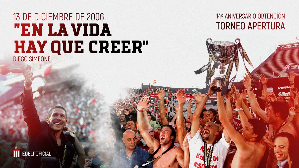 EdelpOficial's tweet photo. 🏆🇦🇹 ¡El perseguidor infatigable! Hace 14 años derrotábamos a @BocaJrsOficial en la final del Torneo Apertura y volvíamos a gritar campeón del fútbol argentino. Inolvidable campaña de @Simeone y sus muchachos 

¡Gracias eternas! ❤️

🗓️ 13.12.2006 🇦🇹 https://t.co/e5wIDoLBNR