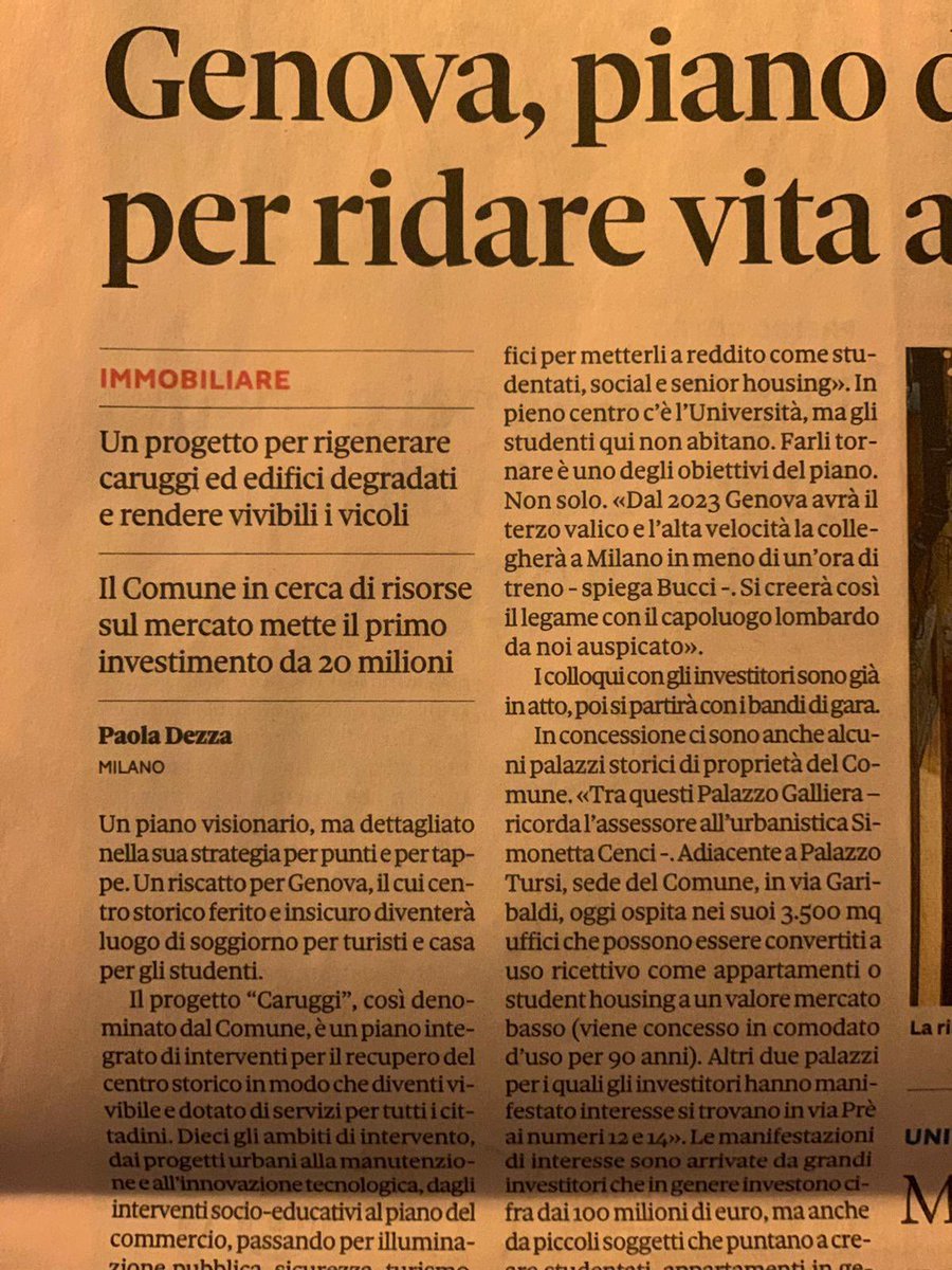 Simonetta970's tweet photo. Studentati, senior living e social housing: nei caruggi rinasce Genova. Il Comune metterà 140 milioni di euro e i privati premono per entrare con grossi investimenti. Nell’articolo di Paola Dezza in Il Sole 24Ore con intervista al sindaco Bucci e a me. @24paoladezza @sole24ore https://t.co/9LtOqlzwWL