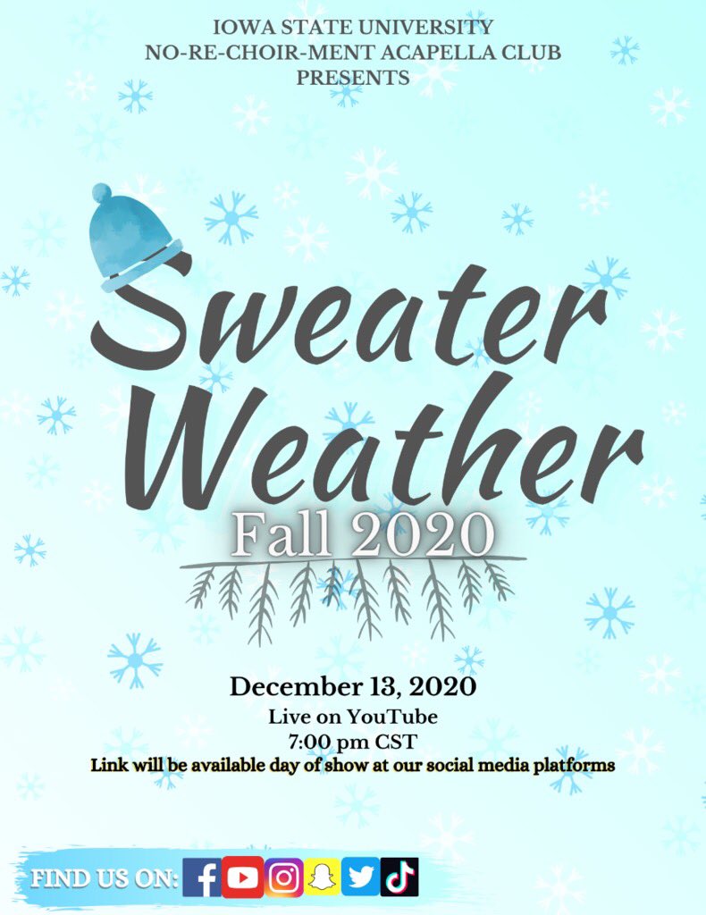 Today’s the day! Come join us for our end of semester show, Sweater Weather! The show will be premiered as a livestream at 7 PM CST on our YouTube channel linked here: youtube.com/channel/UCo-ih…