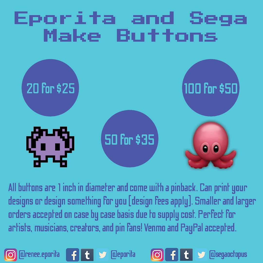 eporita's tweet photo. Do you need 1 inch pinback buttons? Consider placing an order with me and @segaoctopus. DM or email to get the process started! Prices include shipping for US.
👾❤🐙
#eporita #segaoctopus #buttons #pinbacks #pins #buttonmakers #yourdesignhere #art #artists #design #metal https://t.co/lp5EdkYt61
