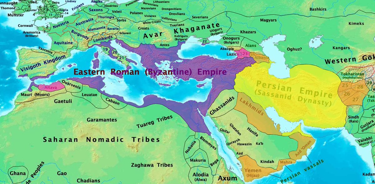 The Byzantines & Sassanids were finishing a brutal 20+ year war. Exhausted, they retired the services of the quasi-Arab Lakhmids and Ghassanids. The Ghas took it okay, the Lakh King rebuffed a marital alliance with the Persians. He was trampled to death with elephants by the Shah