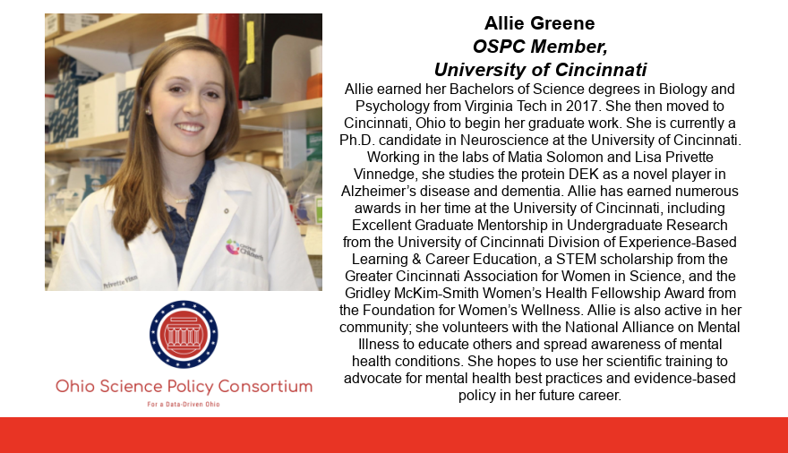 OhioSciPol's tweet photo. We are happy to have Allie Greene (@allie_greene_ ) on our OSPC team! Allie is a PhD Candidate at UC in the @UCNeurosci. She serves on the E-Board for the @UCSciPol, a chapter associated with @scipolnetwork, and is an advocate for mental health in the Cincinnati region. https://t.co/1moYhXdKvH