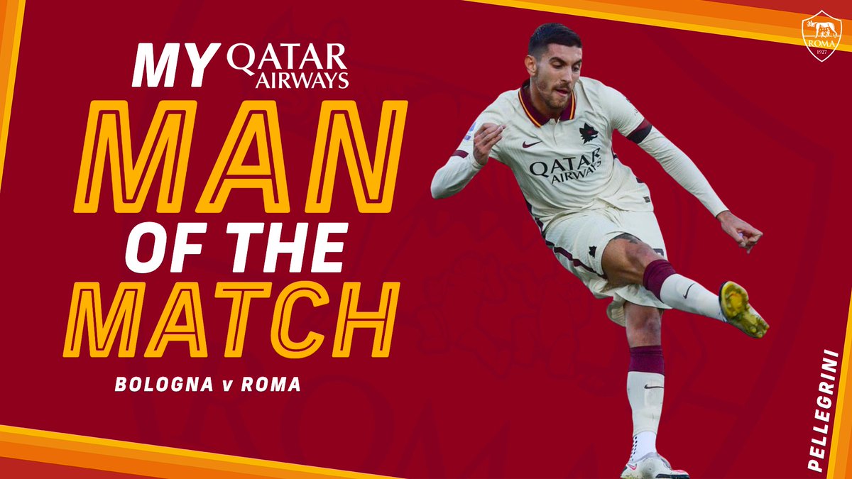 ASRomaEN's tweet photo. 🔁 Retweet if Lorenzo Pellegrini was your #ASRoma @qatarairways Man of the Match against Bologna https://t.co/rlVD5TvX9u