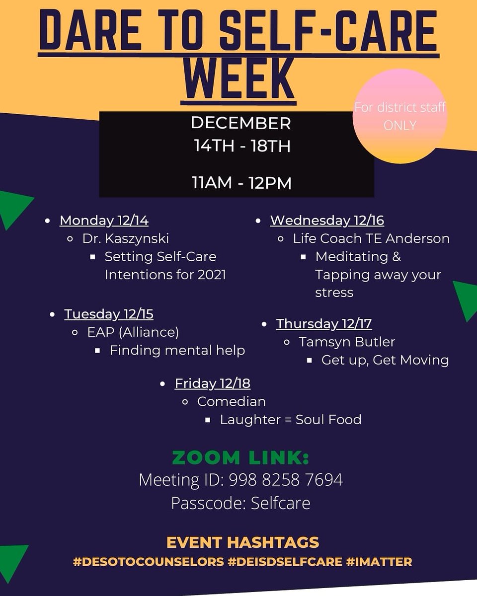 DeSoto ISD Counseling Department (@counselorsdeisd) on Twitter photo Calling ALL DeSoto ISD staff, won't you Dare to Self-Care this week!!! Join us every day this week, for interactive ideas to help you be your best self!!
#desotocounselors #wecounsel #morethanschedules #mentalhealthbreak #deisdselfcare <a href="/Hawkinsk17/">Kareeme Hawkins</a> Calling ALL DeSoto ISD staff, won't you Dare to Self-Care this week!!! Join us every day this week, for interactive ideas to help you be your best self!!
#desotocounselors #wecounsel #morethanschedules #mentalhealthbreak #deisdselfcare <a href="/Hawkinsk17/">Kareeme Hawkins</a>