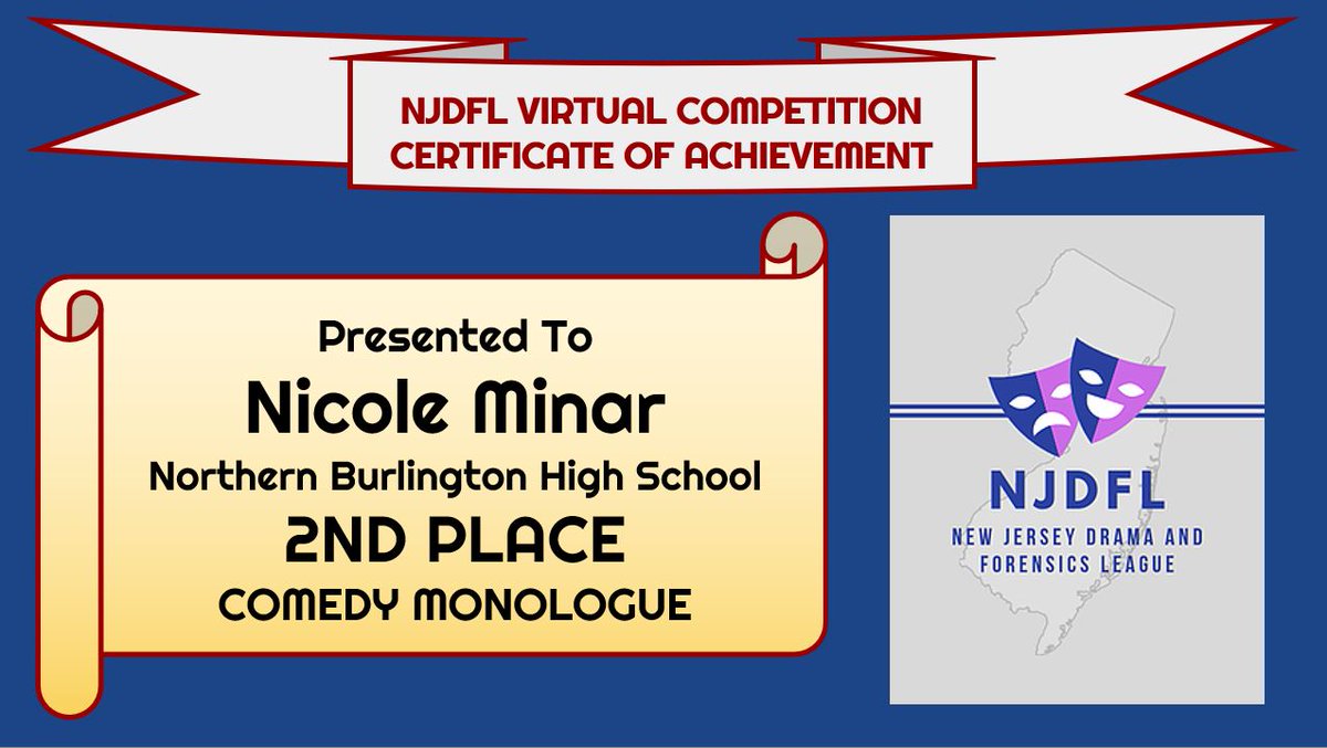 NBCnjdfl's tweet photo. Congrats to our FANTASTIC finalists from yesterday! We're all super proud of you!

Nicole Cozzolino-Prose-1st Place
Nicole Minar-Comedy Mono-2nd Place
Aniela Erwin-Comedy Mono-3rd Place
Nicole Minar-Poetry-5th Place https://t.co/vK8yjwGVx9