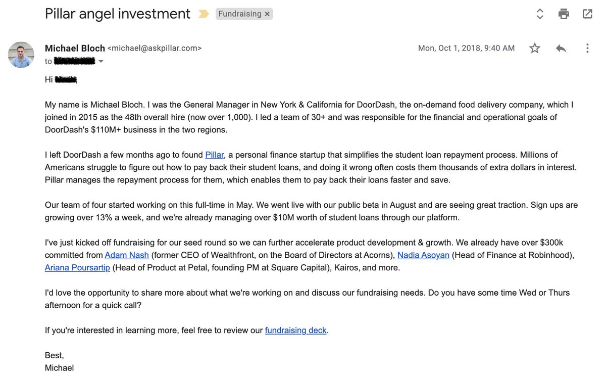 Speed is (always) of the essence. It's better to email yourself vs. waiting days for an intro to materialize. Craft a compelling narrative and be crystal clear on why they should pay attention and want to learn more. Here's an example of what I sent in the early days: