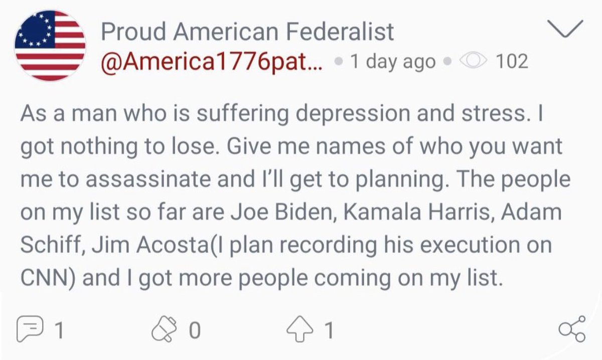 Dear @FBI,

It may be time for our law enforcement to act. May I suggest letting the @SecretService know about these individuals. 

This was found on Parler. There are many more like it. 

Please protect our future from these traitors and cowards.