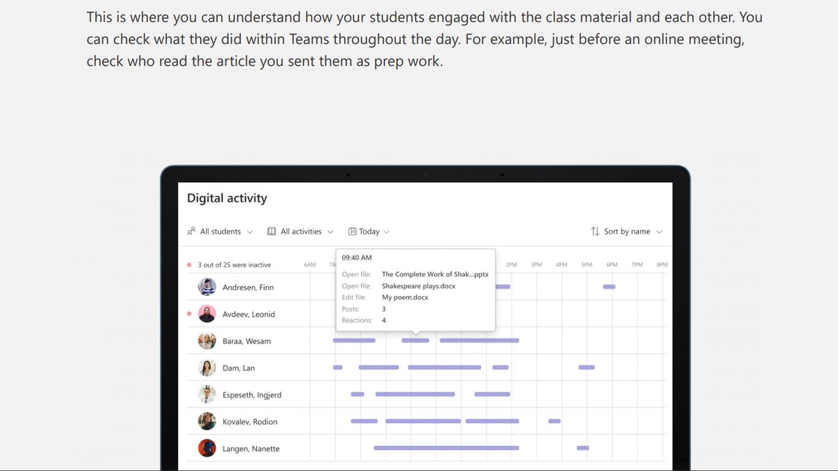 Generally, MS Teams for Education has extensive student monitoring capabilities built in.Its 'Insights' tool can track which meetings students attend and for how long, what tabs they view, if they open files, post messages, reply or react with emojis. https://edudownloads.azureedge.net/msdownloads/Microsoft-Insights-Complete-Guide-for-Educators.pdf