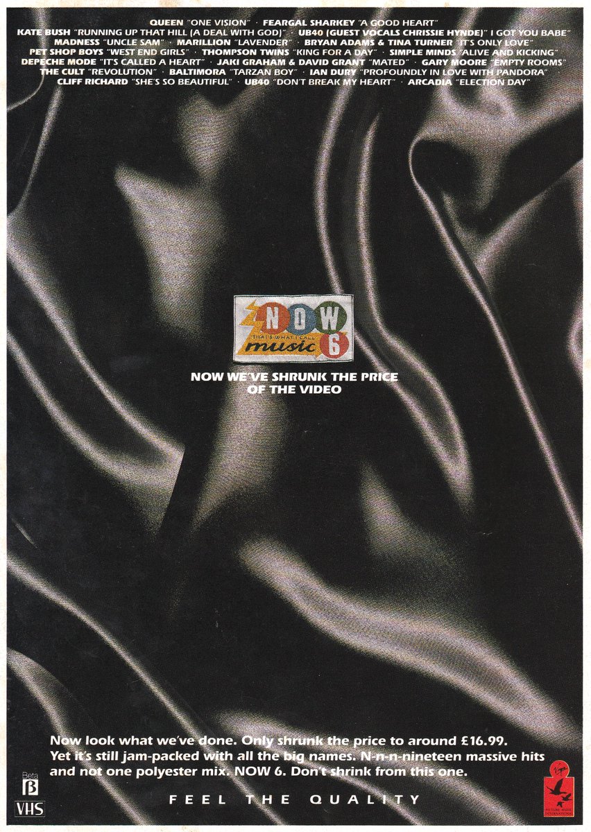 RMMoves's tweet photo. Now look what we've done. Only shrunk the price to around £16.99. Yes it's still jam-packed with all the big names. N-n-n-nineteen massive hits and not one polyester mix. NOW 6. Don't shrink from this one. 

Advert in Record Mirror magazine December 14, 1985. #RMMoves #NOW6 https://t.co/Dynnz2L3Vy