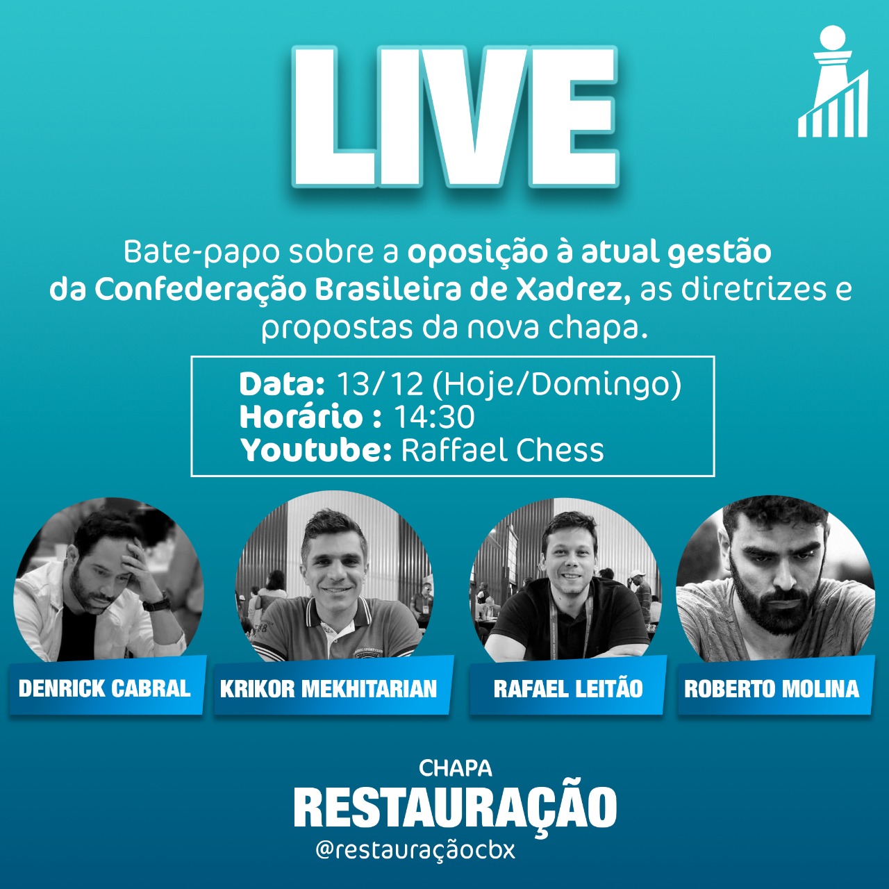 Krikor S Mekhitarian on X: Bora lutar para tentar mudar a situação do  xadrez brasileiro - vai rolar uma live agora às 14:30 com o Raffa Chess  para falarmos das nossas propostas