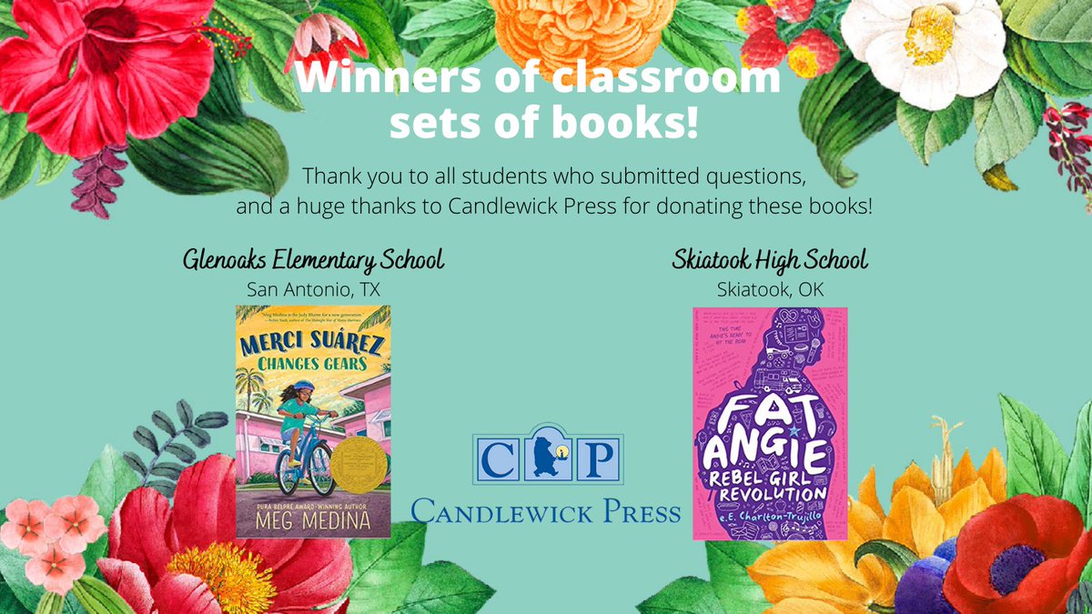 LatinxKidLitBF's tweet photo. Winners!! Congrats to these schools who will be receiving classroom sets of books! Thanks to @Candlewick for donating, and a big thank you to ALL kids who submitted questions for our authors and illustrators. #LKBF2020 @Meg_Medina @pinatadirector https://t.co/xkniLwrEdl