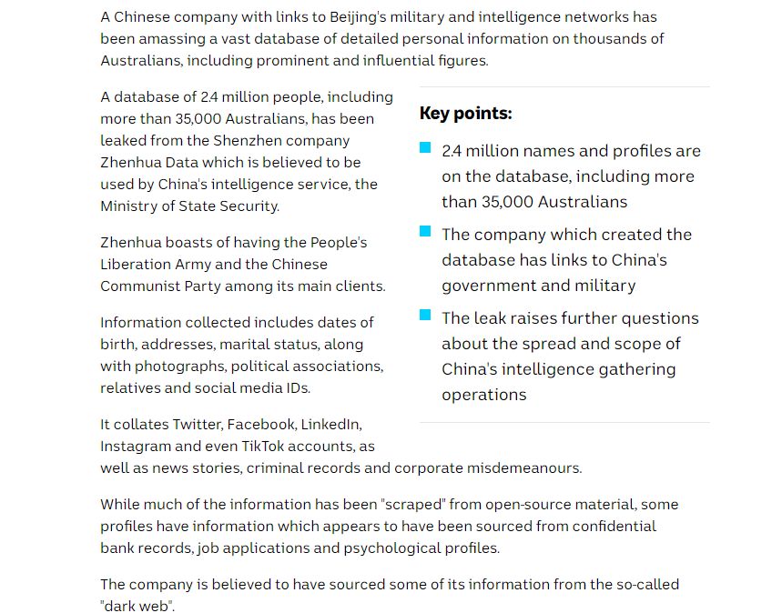 "China is absolutely building out a massive surveillance state both domestically and internationally," Professor Balding told ABC in a September report on the leak.The Key Points: