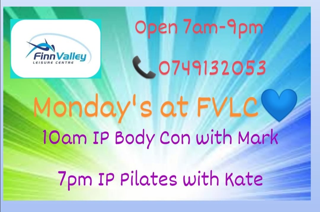 FinnValleyLC's tweet photo. Swimming pool &amp; Gym are open 
Monday - Friday
7am-9pm
Saturday &amp; Sunday 
10am - 6pm

Call us on 0749132053 to book into Monday's Individual Pod Classes :

10am Body Con with Mark 
7pm Pilates with Kate 

GIFT VOUCHERS available💜 https://t.co/NP8b9l7Qsr