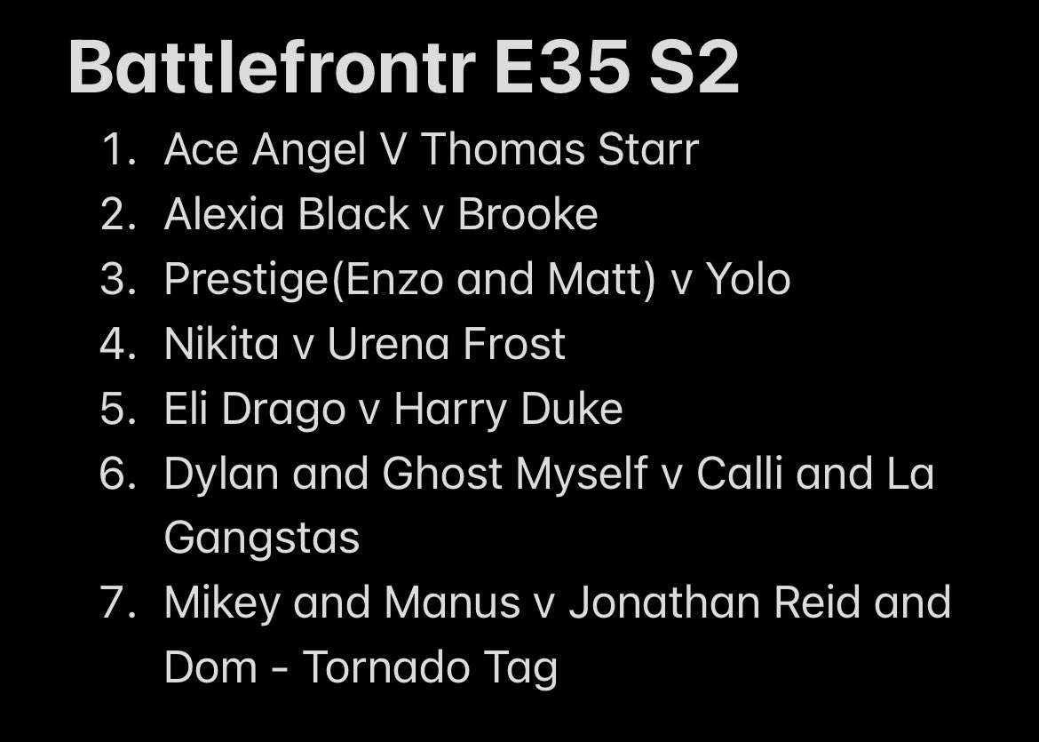 RTBWfed's tweet photo. Battlefront Card
1. @TheBleedingHart v @ThomasStarr_ 
2. @MsMamanatrix v @brooke_2k 
3. @PrestigeCAW v @H4shtagY0L0 
4. @standardpinkdol v @FrostyFromHell_ 
5. @Mr_5stars_Eli v Harry Duke https://t.co/3KtkYTtmGg