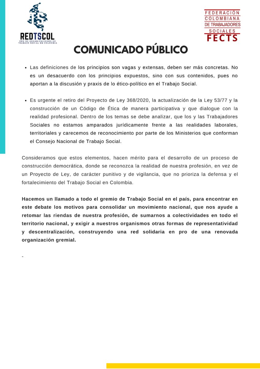 atsovalle's tweet photo. Comunicado público en rechazo al Proyecto de Ley 368/2020 que quiere promulgar el Código de Ética de los y las TS en Colombia. Agradecemos su difusión y estar atentos/as a los espacios de debate y construcción.
#Atsovalle #TrabajoSocial #organizaciongremial https://t.co/ECLSNmrjnc