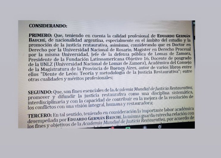 GermanBauche's tweet photo. Les comparto la ceremonia de mi designación como MIEMBRO HONORARIO a la Academia Mundial de #justiciarestaurativa 
 Agradezco al Dr #Rodriguezreyler y a la Asamblea General de AMJUR por tan generoso gesto!! 🙏🏻 https://t.co/sxxWmcIvTS