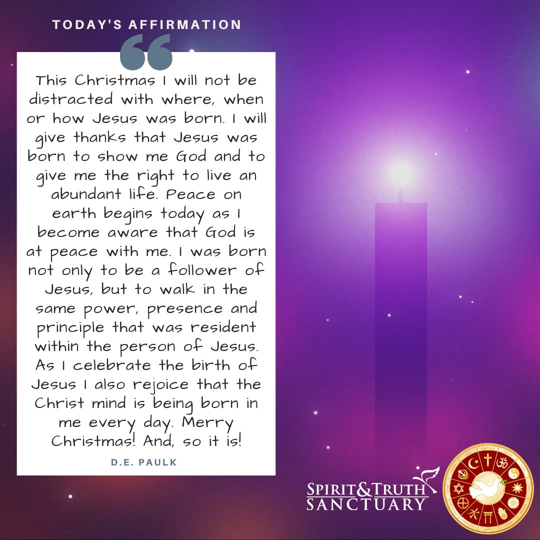 depaulk's tweet photo. I will give thanks that Jesus was born to show me God and to give me the right to live an abundant life. Peace on earth begins today as I become aware that God is at peace with me.
#spiritandtruthsanctuary #fullyawake #radicallyinclusive #christconsciousness #love #hope #peace https://t.co/nX9Iy1gw2I