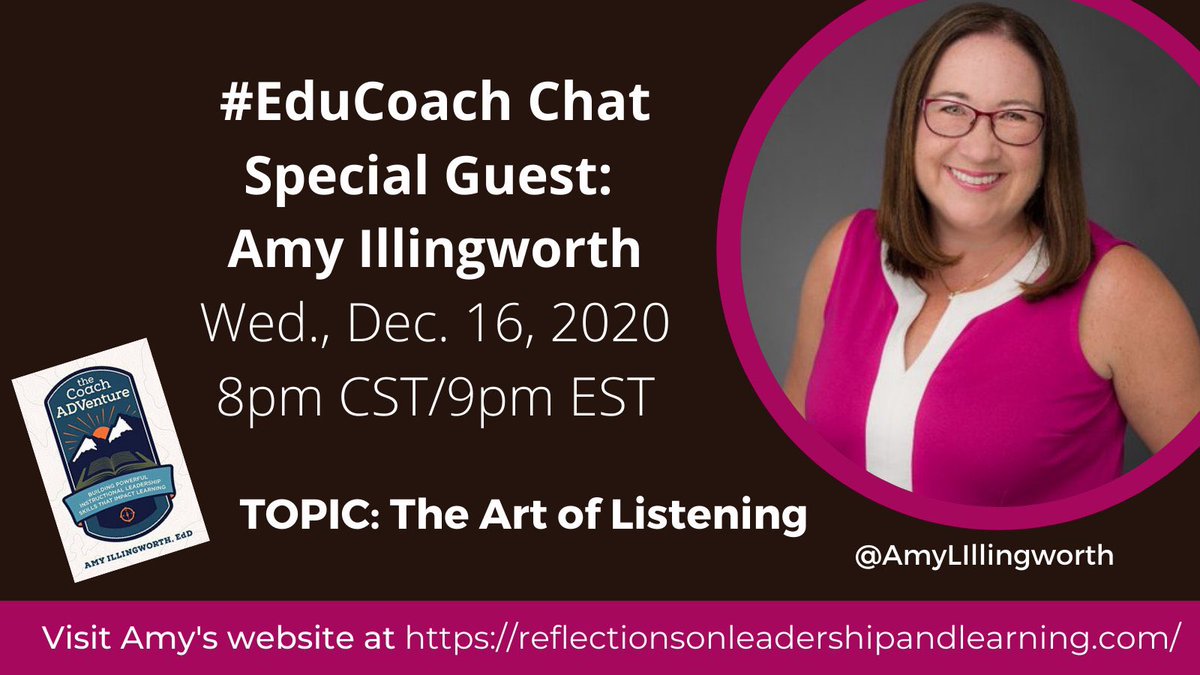 KathyPerret's tweet photo. Mark your calendar! #educoach is honored to have author @AmyLIllingworth (https://t.co/1Mrg5tj0a4) join us as our special guest this Wednesday (12/16) at 8pm CST. Our topic: The Art of Listening.
You don’t want to miss this. RT & tag some friends!
#CoachADV #aflink https://t.co/yV2F59qvRO