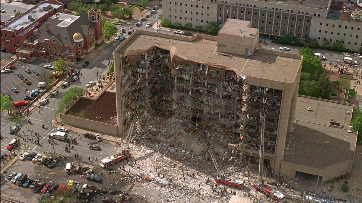 34) The Oklahoma City Bombing was a domestic terrorist attack involving the destruction of the Alfred P. Murrah Federal Building in Oklahoma City, on April 19, 1995. At least 168 people were killed, along with 680 injured. More than one-third of the building was destroyed.