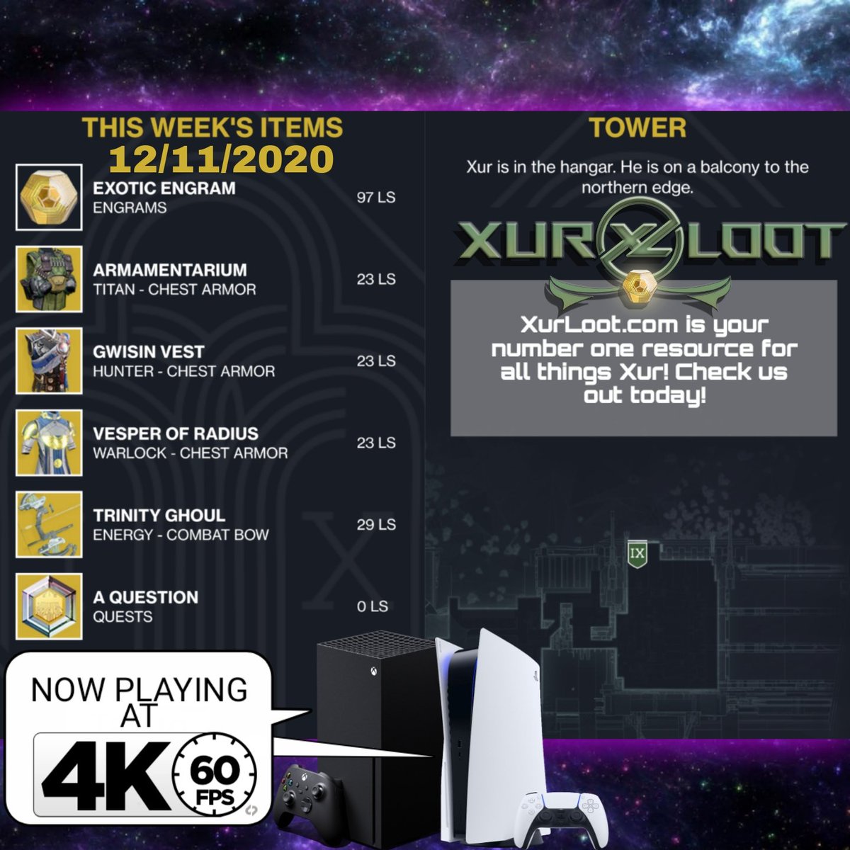 XurLoot's tweet photo. 12/11/20 - Xur is located in the hanger at the tower. Start using our XurTracker to get notified the moment Xur arrives at https://t.co/8j7coaD6x5. Join our community @ https://t.co/GOTUrk4omP #destiny2 #xur #whereisxur  #clan  #XurLoot #XurTracker #BWBH #beyondlight https://t.co/PB59OtgHuI