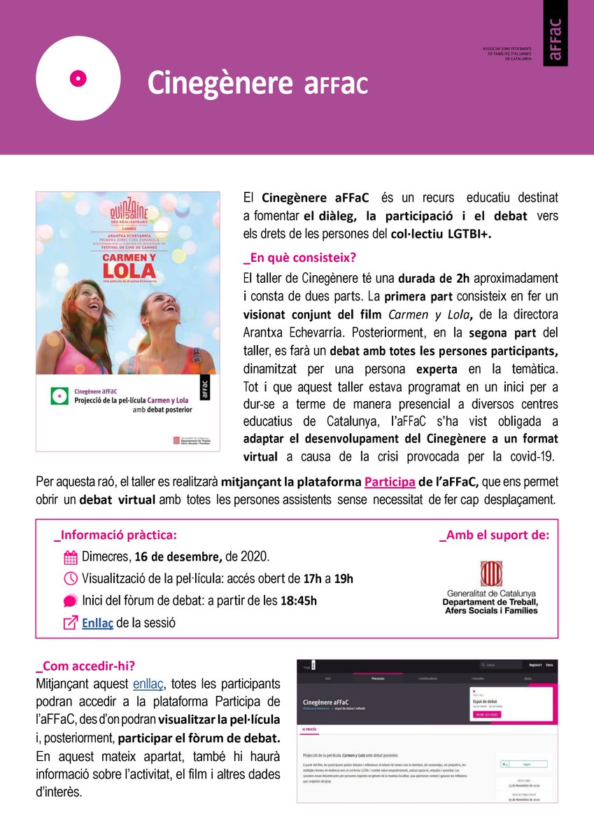 VallbonaAmpa's tweet photo. CINEGÈNERE - aFFaC

Taller de cinegènere que tindrà lloc el proper dimecres 16 per la tarda, en modalitat virtual. https://t.co/cWeRqkg2HD