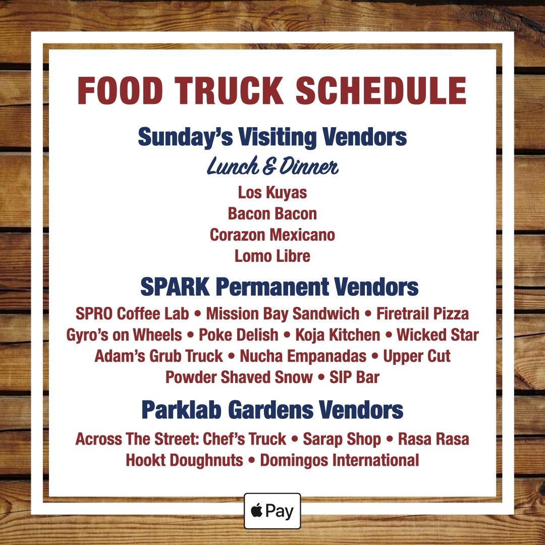 It's always a good time for TACOS!🌮 👅🍻
LosKuyas <a href="/BaconBaconSF/">Bacon Bacon</a> CorazonMexicano <a href="/LomoLibre/">Lomo Libre Cantina</a> SPROCoffeeLab <a href="/FiretrailPizza/">FiretrailPizza</a> MissionBaySando <a href="/gyrosonwheels7/">Gyros on Wheels</a> <a href="/PokeDelish/">Poke Delish</a> <a href="/KoJaKitchen/">KoJa Kitchen</a> <a href="/adamsgrubtruck/">Adam's Grub Truck</a> <a href="/WickedStarSF/">Wicked Star</a> <a href="/nuchaempanadas/">Nucha Empanadas</a> <a href="/PowShavedSnow/">Powder</a> UpperCut SipBar sparksocialsf.com/order-ahead