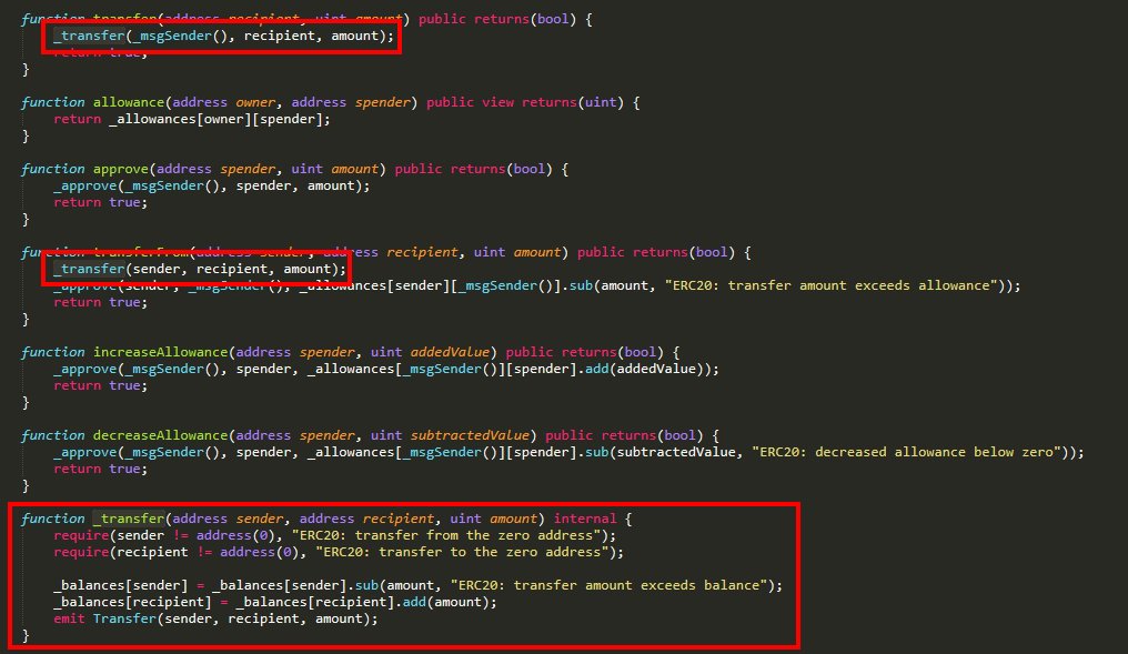 For this to check we need to take a closer look at the contract of this token. What we are looking for is the intern "_transfer" function. So let's search for it and we find: