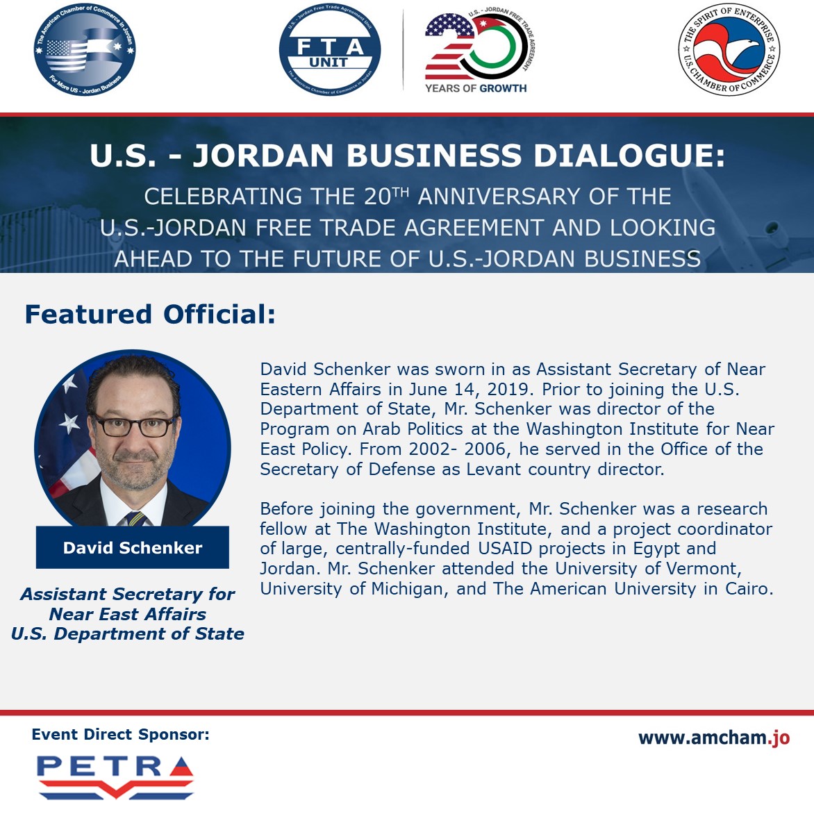 AmChamJordan's tweet photo. Pleased to have David Schenker, Assistant Secretary for Near East Affairs at the U.S. Department of State, participating as a speaker in the upcoming  “U.S. –Jordan Business Dialogue: Celebrating the 20th Anniversary of the U.S.-Jordan Free Trade Agreement."
#USAinJO #FTA20Strong https://t.co/67CUy28OR1
