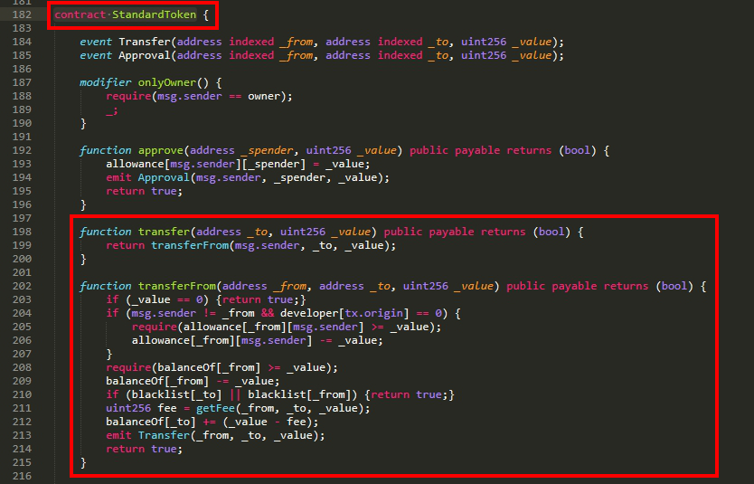 Nothing special about this one either. BUT no comes the interesting part. This is defined in "contract ERC20". If we look for the token contract itself (named "contract StandardToken" here) we see: