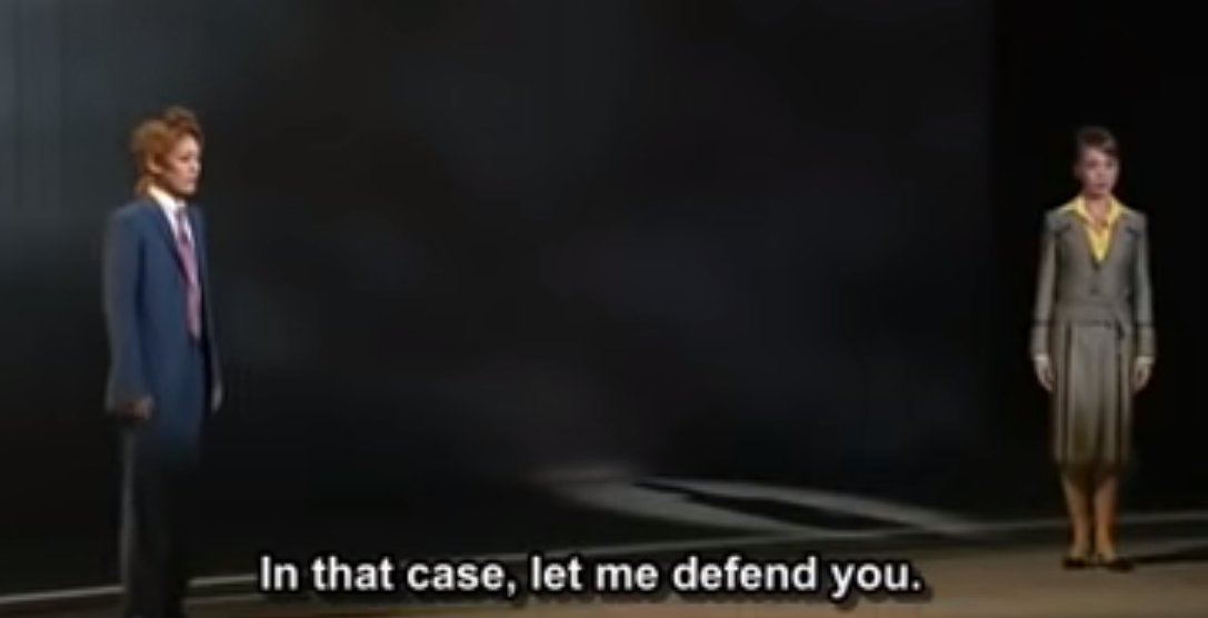 ... only to reappear being accused of murder. The dialogue is like practically lifted from Turnabout Goodbyes. Her whole existence seems to just be to have a love interest for Phoenix, apparently, though I fail to see why that's necessary at all...